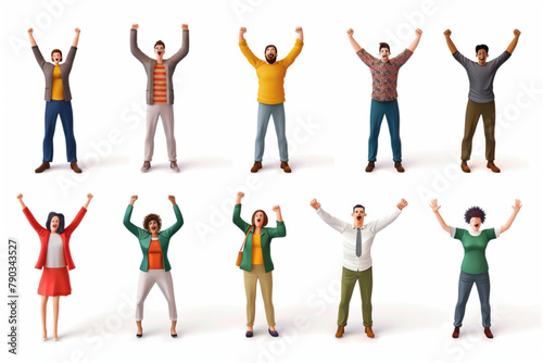 Set of people expressing emotions of joy and happiness. Happy and jubilant men and women in full growth 3D avatars set vector icon, white background, black colour icon