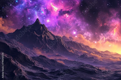 A towering mountain emerges from the center of a vast body of water, creating a breathtaking natural landscape, Digital illustration of a vibrant nebula viewed from alien planet surface, AI Generated