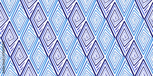 Seamless geometric pattern with rhombuses. Stilized ethnic diagonal repeating ornament vector illustration. Blue spirals curl on white background. For printing wallpaper, scrapbooking papers, textile. photo