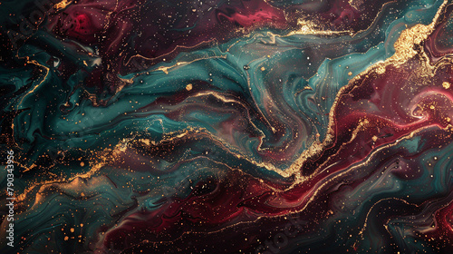 A marbled landscape of rich burgundy and pale turquoise, with a golden glitter flow. 