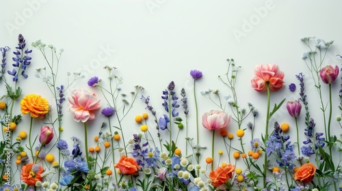 A clean, white background accented with a cluster of vibrant spring flowers