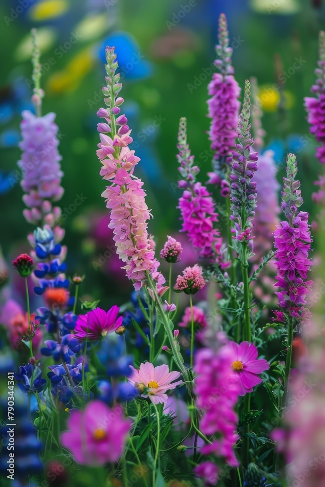An array of tall pink and purple lupine flowers stands out against a backdrop of various blooming species, illustrating a well-tended garden An array of tall pink and purple lupine flowers stands out against a backdrop of various blooming species, illustrating a well-tended garden
