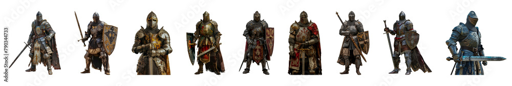 Collection of medieval knights in armor with weapons cut out png on transparent background