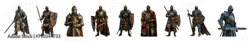 Collection of medieval knights in armor with weapons cut out png on transparent background