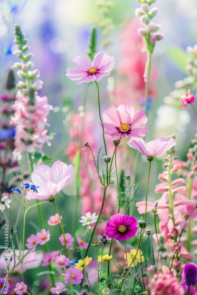 A tranquil scene of delicate pink flowers gracefully swaying in the breeze in a serene field with soft focus background A tranquil scene of delicate pink flowers gracefully swaying in the breeze in a serene field with soft focus background