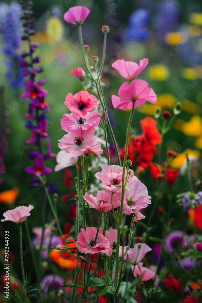 A vibrant medley of pink, red, and purple flowers thriving in a dense, lush garden setting