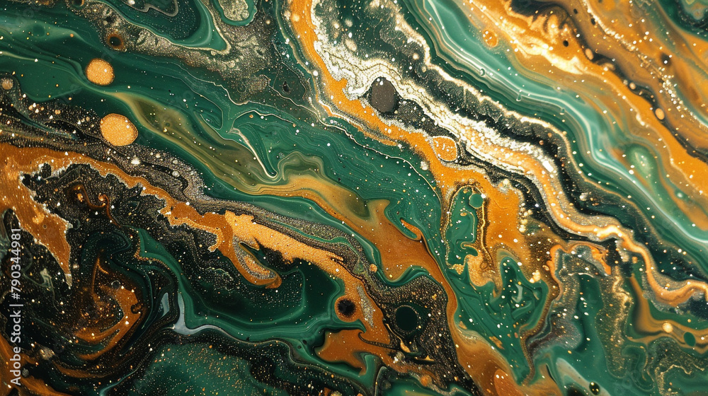 A marbled spectacle of harvest gold and patina green, with a dusting of silver glitter. 