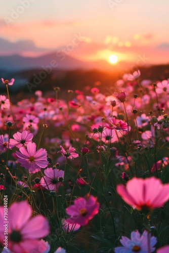 Gorgeous sunset views over a field of blooming cosmos flowers with mountains in the background © Vuk
