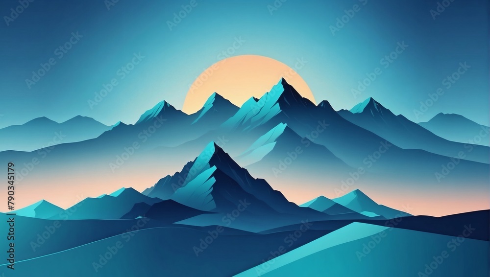 Abstract minimalistic background with mountains and hills at sunset or sunrise in cyan and azure tones.