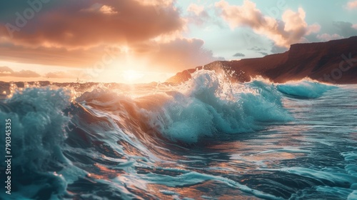 A wave crashing into the shore at sunset with a mountain in background, AI © starush