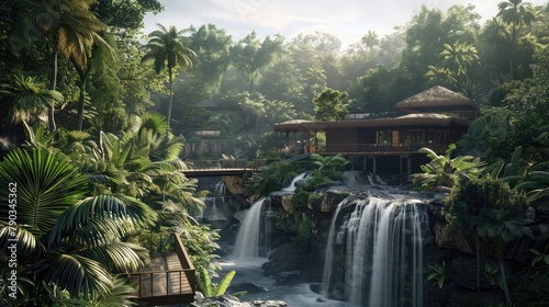 A secluded jungle retreat nestled amidst tropical foliage and cascading waterfalls, featuring luxurious bungalows and open-air pavilions that offer an immersive experience  photo