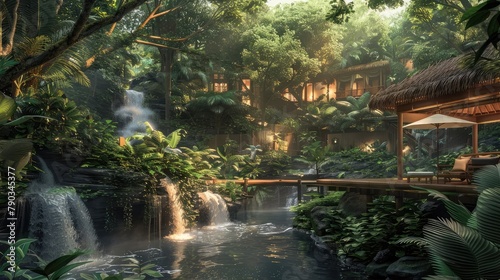 A secluded jungle retreat nestled amidst tropical foliage and cascading waterfalls, featuring luxurious bungalows and open-air pavilions that offer an immersive experience 