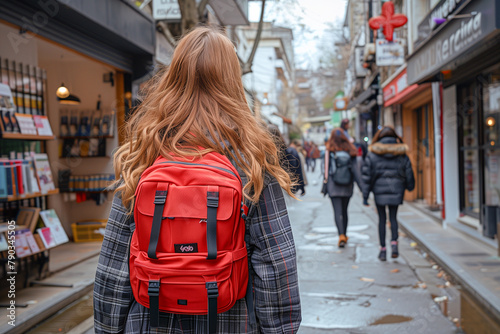 In the heart of the city, a young woman with a red backpack embarks on her back-to-school journey, navigating through a bustling pedestrian street adorned with various shops, including a bookstore on 