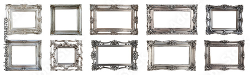 Vintage silver picture frames with ornamental designs cut out png on transparent background photo