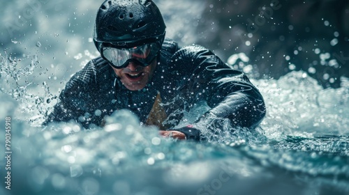 A man in a helmet and goggles riding on top of waves, AI