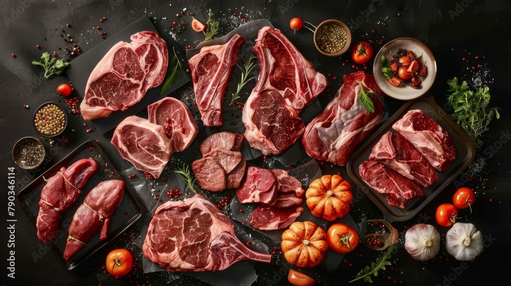 A diverse selection of raw meat cuts aesthetically arranged with garnishing elements on a dark, moody backdrop A diverse selection of raw meat cuts aesthetically arranged with garnishing elements on a dark, moody backdrop