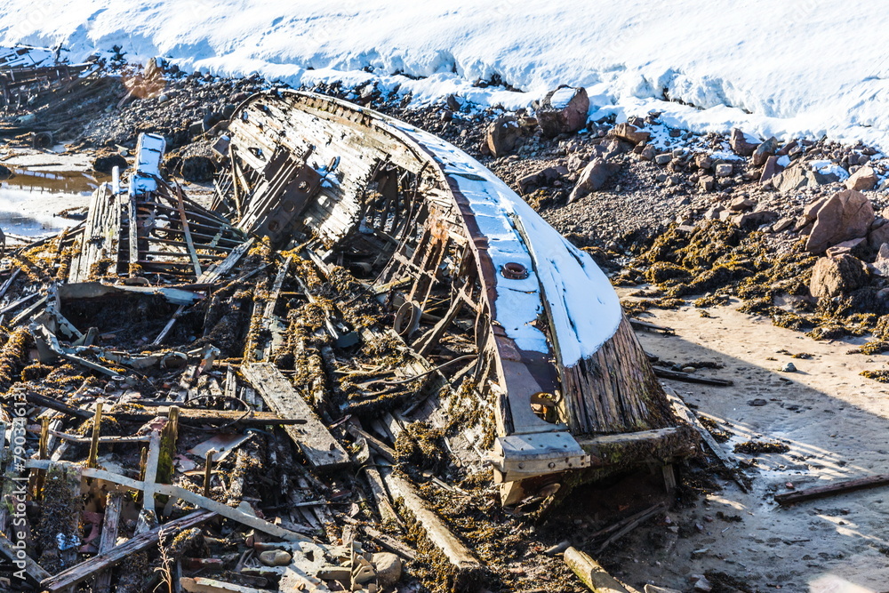 The cemetery of ships in Teriberka — The rotting remains of abandoned fishing vessels more than half a century ago resemble images of sea monsters on the shores of the Barents Sea, Murmansk, Russia
