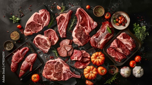 A diverse selection of raw meat cuts aesthetically arranged with garnishing elements on a dark, moody backdrop