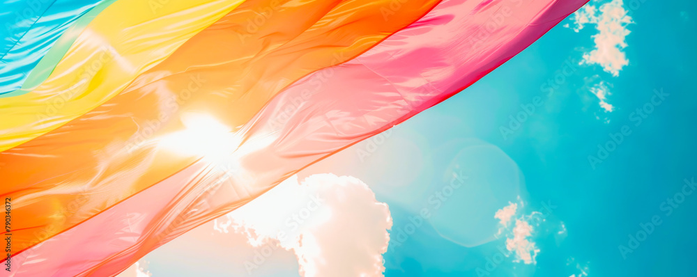 Large Rainbow Pride Flag Soaring in Blue Sky

