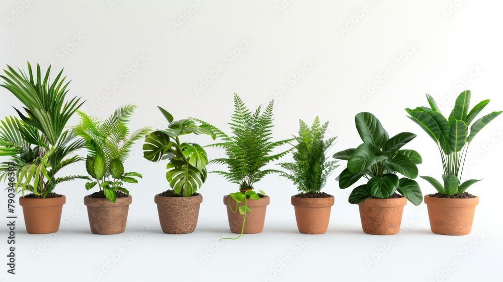 An array of lush green houseplants in classic terracotta pots against a clean, white background