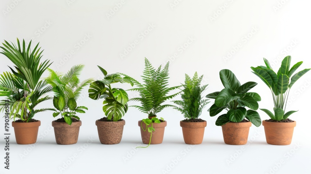 An array of lush green houseplants in classic terracotta pots against a clean, white background An array of lush green houseplants in classic terracotta pots against a clean, white background