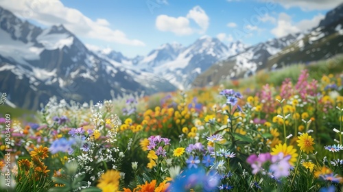 A serene alpine meadow blanketed in a carpet of vibrant wildflowers, its colorful blooms stretching as far as the eye can see against a backdrop of snow-capped peaks and azure skies, 