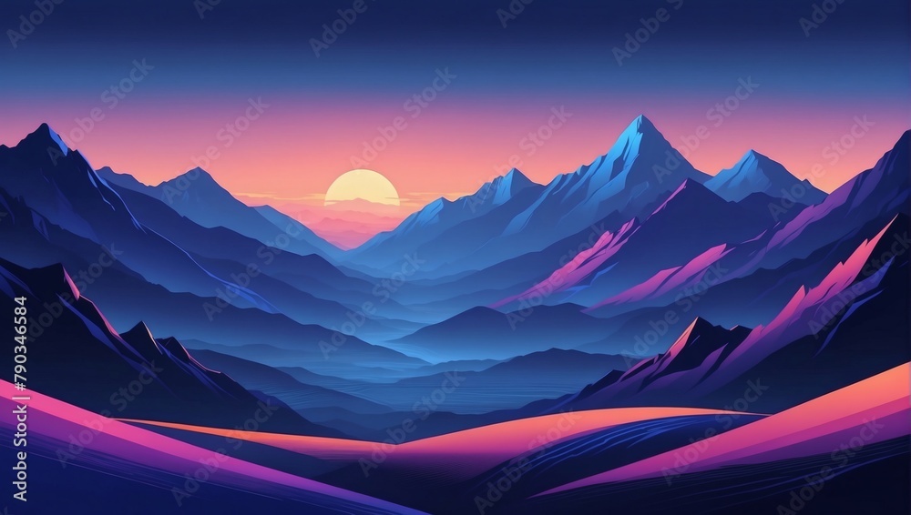 Abstract minimalistic background with mountains and hills at sunset or sunrise in indigo and cobalt tones. - obrazy, fototapety, plakaty 