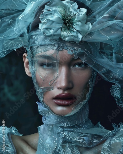 An evocative photo of a woman adorned with a detailed blue lace headpiece and makeup that conveys a mystical, otherworldly vibe