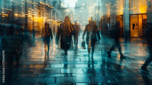 A blurry image of a group of people walking down the street, AI