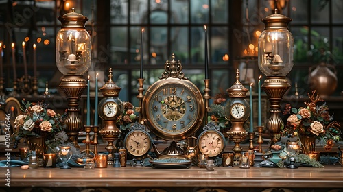 Design an opulent display of vintage clocks and hourglasses, their intricate mechanisms frozen in time, adding a touch of old-world charm to the party decor.