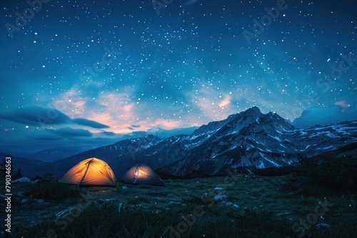 Two adventurers camping under the stars in a remote wilderness.