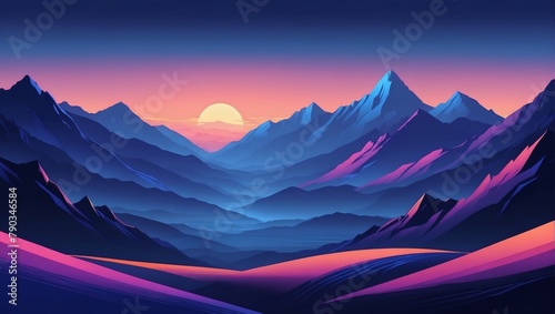 Abstract minimalistic background with mountains and hills at sunset or sunrise in indigo and cobalt tones.