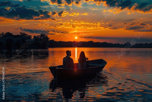 Young lovers enjoying a boat ride on a picturesque lake at sunset.