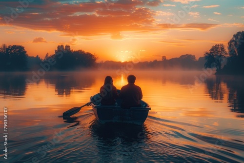 Young lovers enjoying a boat ride on a picturesque lake at sunset. © TheNoteTravel