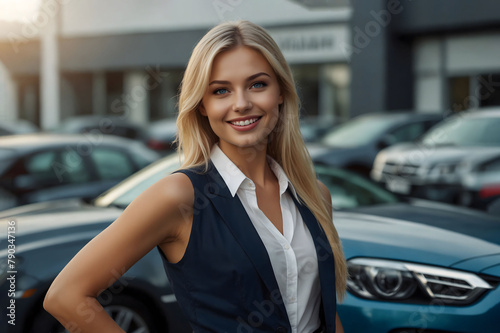 A girl at a car dealership buys a new car. A beautiful girl buys a car.