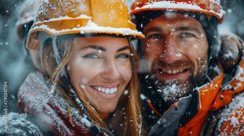 A couple wearing hard hats work together in the snow, focused on their renovations. photo