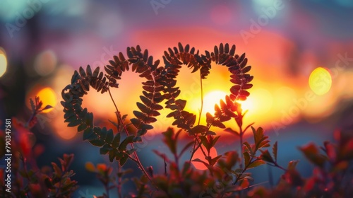 Two new born ferns create heart form on romantic sunset sky with blur bokeh.The abstract metaphor meaning of love. photo