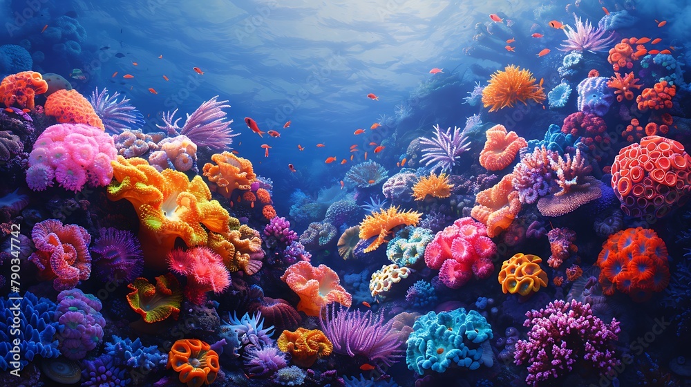 Dive into the depths of a coral reef, where vibrant hues and intricate formations create an underwater paradise.