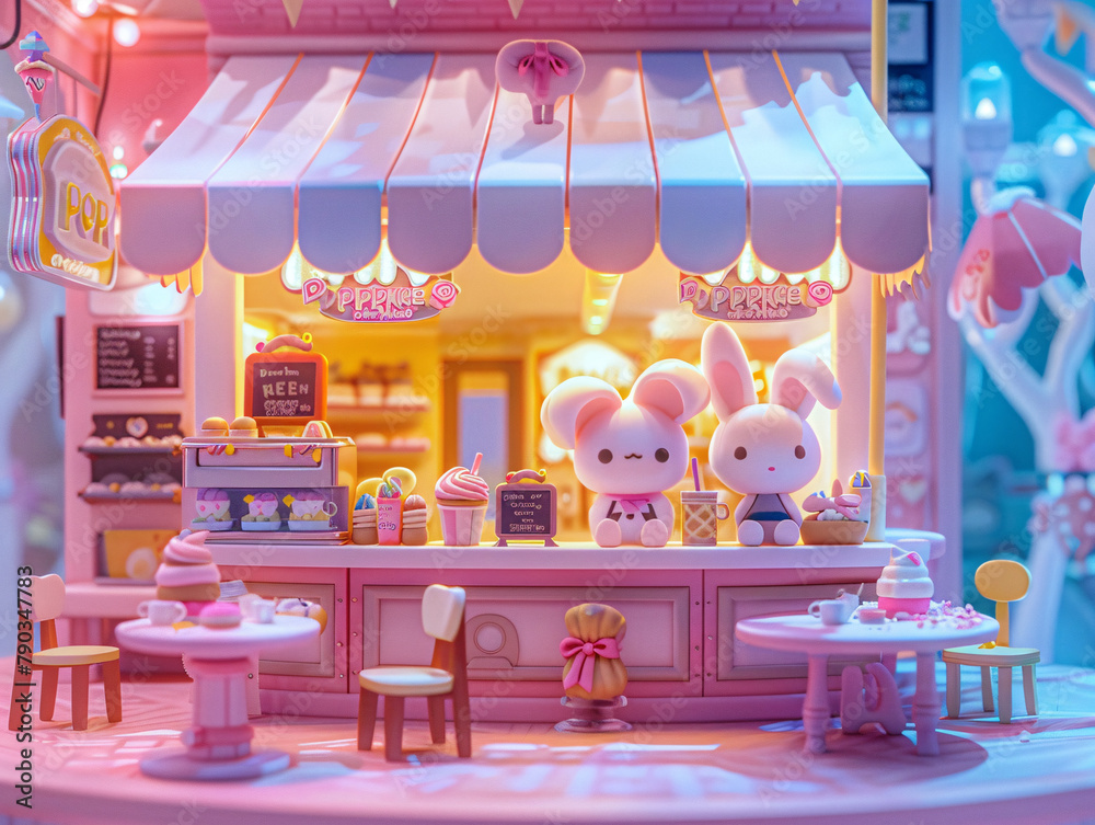 cozy Popmart-themed cafe filled with adorable animal patrons sipping