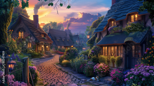 A beautiful painting of a street in a small village with cozy cottages and flowers everywhere photo