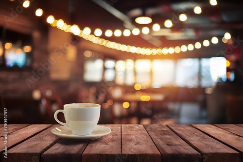 Wooden table with warm bokeh lights for cozy caf?? scene photo