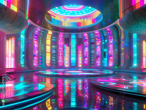 retro-futuristic space station with a vibrant, neon-lit interior reminiscent of the visual aesthetic