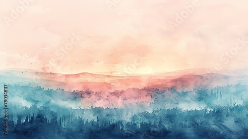 A watercolor painting of a mountain landscape at sunrise. The sky is a gradient of pink and yellow, and the mountains are a deep blue. The foreground is a dark forest.