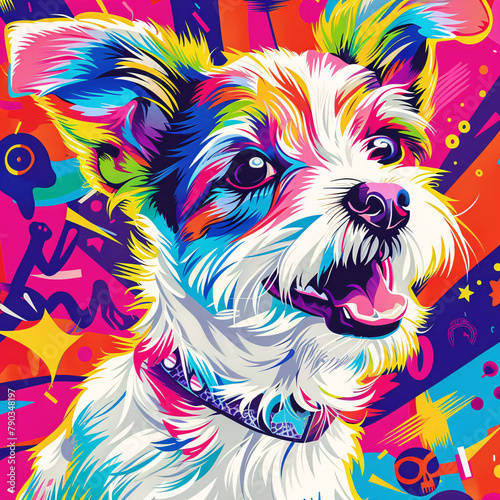 Pop Art portrait of a beloved pet or animal, rendered in bold, contrasting colors and surrounded by playful pop culture references 