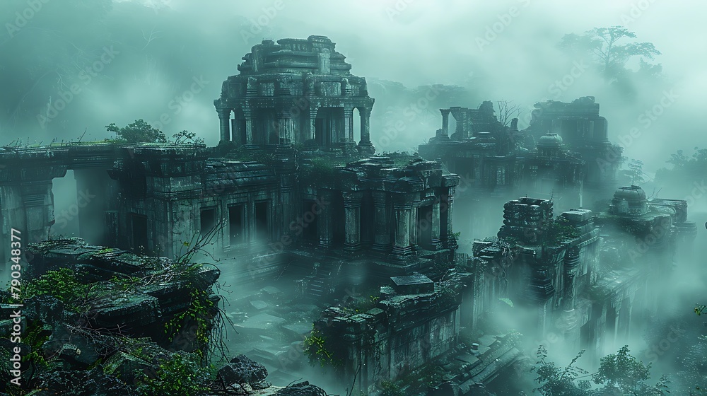 Drift through the mist-shrouded ruins of an ancient civilization, where crumbling temples and weathered statues bear silent witness to the passage of time. Vines creep through cracks in the stone
