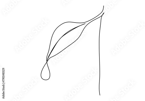 Drop of water dripping off a leaf. One line drawing vector illustration.