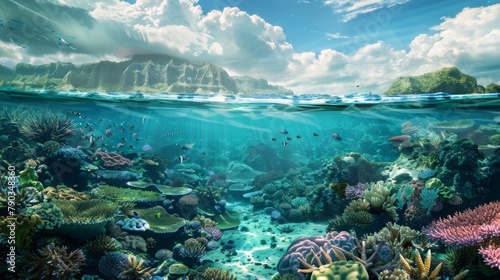 Fototapeta Naklejka Na Ścianę i Meble -  Underwater paradise: Vibrant coral reefs teem with life beneath the crystal-clear waters of a tropical ocean, a vibrant ecosystem thriving beneath the surface.