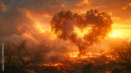 Concept love will save the world. Tree in the shape of a burning heart and fire around. Copy space