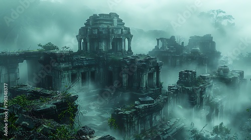 Drift through the mist-shrouded ruins of an ancient civilization, where crumbling temples and weathered statues bear silent witness to the passage of time. Vines creep through cracks in the stone