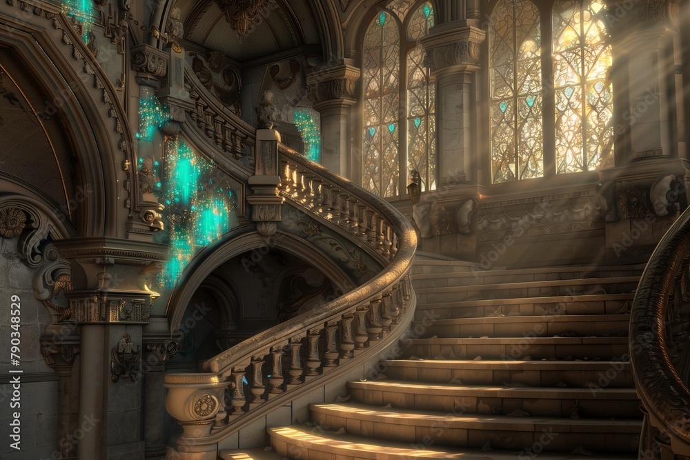 Ornate Castle Staircase with Teal Art Highlights, Lit by Gentle Afternoon Sun